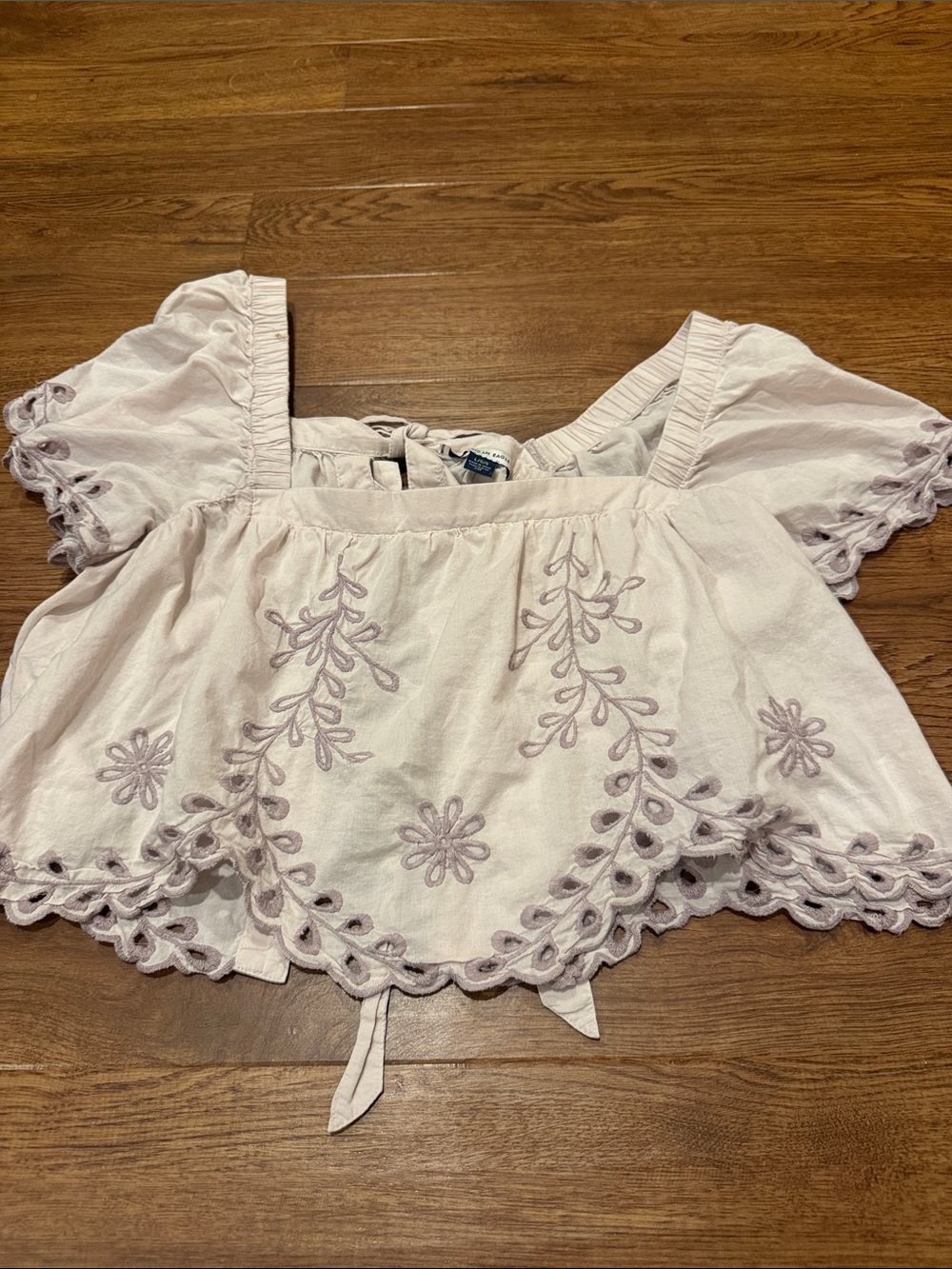 American Eagle Outfitters Lavender Embroidered Square-Neck Peasant Top